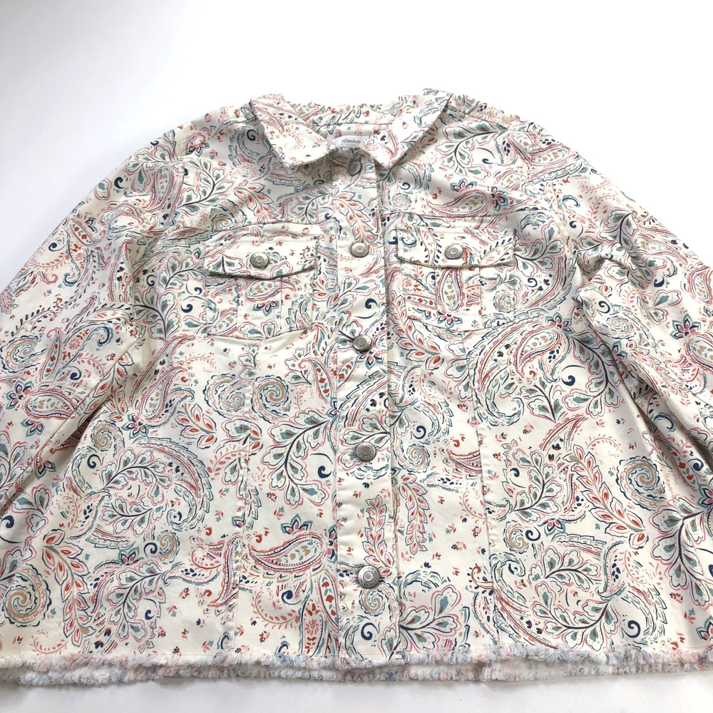 CJ Banks Plus 3X Cotton Stretch Denim Jacket Frayed All Over Print White MINT